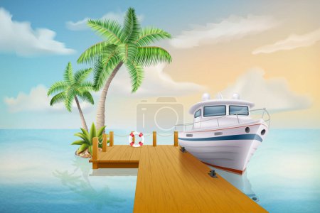 Téléchargez les illustrations : Paysage marin avec plage de sable vagues de mer ciel et nuages illustration vectorielle isolé sur fond blanc - en licence libre de droit