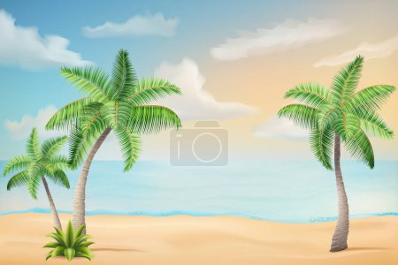 Ilustración de Paisaje marino con arena playa mar olas cielo y nubes vector ilustración aislado sobre fondo blanco - Imagen libre de derechos