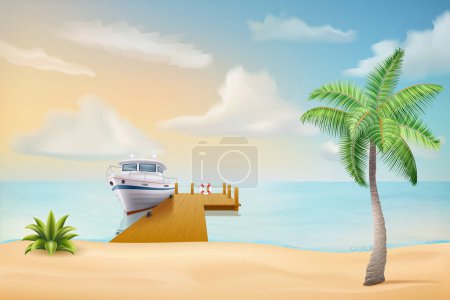 Illustration for Seascape with sand beach sea waves sky and clouds vector illustration isolated on white background - Royalty Free Image