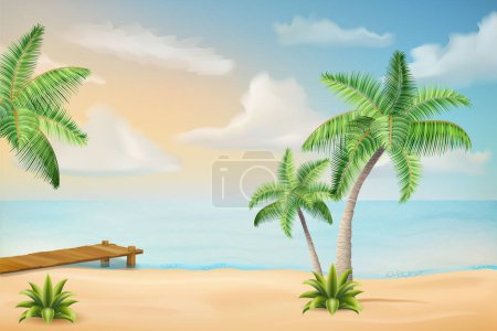 Téléchargez les illustrations : Paysage marin avec plage de sable vagues de mer ciel et nuages illustration vectorielle isolé sur fond blanc - en licence libre de droit