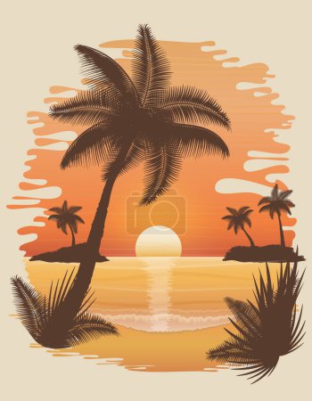 Téléchargez les illustrations : Paysage marin tropical avec plage de sable vagues de mer ciel et nuages illustration vectorielle isolé sur fond - en licence libre de droit