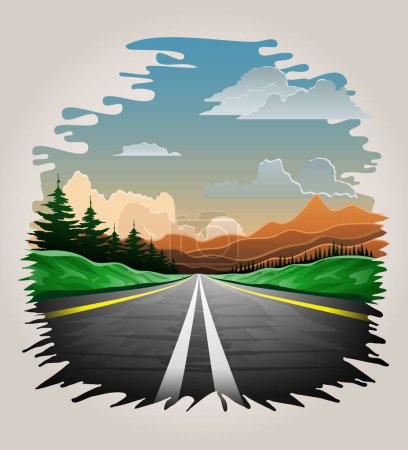 Ilustración de Paisaje asfalto auto carretera en la naturaleza entre las montañas colinas y árboles stock vector ilustración - Imagen libre de derechos
