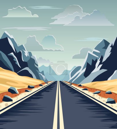 Illustration for Landscape asphalt auto road in nature among mountains hills and trees stock vector illustration - Royalty Free Image