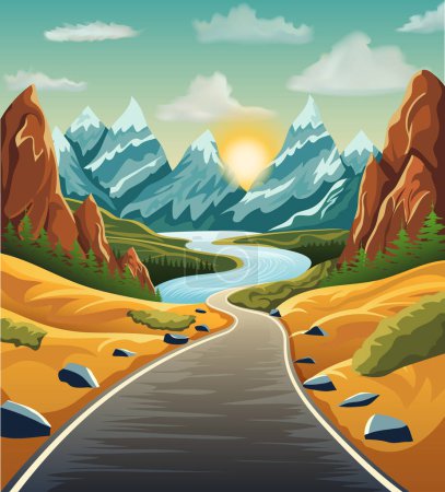 Illustration for Landscape asphalt auto road in nature among mountains hills and trees stock vector illustration - Royalty Free Image