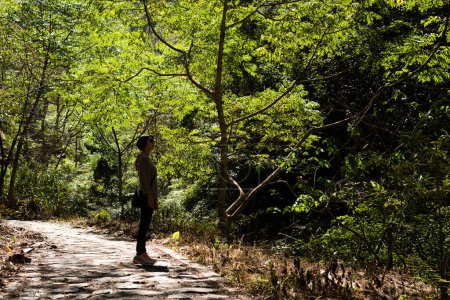 Photo pour Voyage asiatique femme randonnée à l'extérieur dans la forêt - image libre de droit
