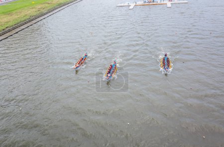 Photo for Taipei, Taiwan - Jun 9th, 2019: competitive boat racing in the traditional Dragon Boat Festival in Taipei, Taiwan, Asia - Royalty Free Image