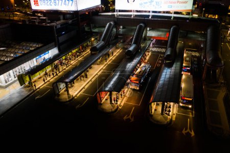 Photo for Banqiao, Taiwan - October 19th, 2019: aerial view of night scene with bus terminal in Banqiao, New Taipei city, Taiwan - Royalty Free Image