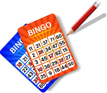 Imagen vectorial de dos tarjetas de bingo naranja y azul con el lápiz rojo aislado en el fondo blanco.