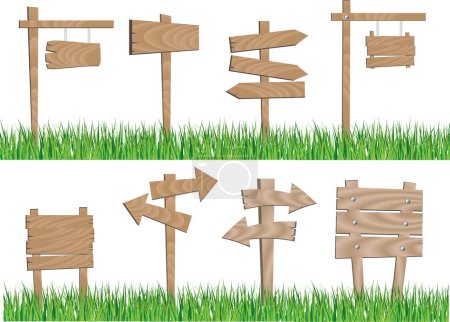 Téléchargez les illustrations : Image vectorielle de l'ensemble des panneaux d'affichage en bois de différentes formes et tailles dans l'herbe verte. - en licence libre de droit
