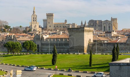 Téléchargez les photos : Avignon, France - January 30, 2016: Palace Fortress Historic Landmark Old Town Walls at Sunny Winter Day. - en image libre de droit