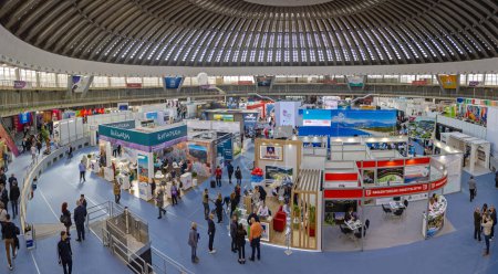 Photo for Belgrade, Serbia - February 23, 2023: Aerial View of International Tourism Fair Expo Travel Event in Big Hall. - Royalty Free Image