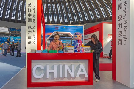 Photo for Belgrade, Serbia - February 23, 2023: China Expo Stand at International Tourism Fair Travel Event in Big Hall. - Royalty Free Image