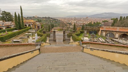 Photo for Florence, Italy - February 2, 2018: Old City Panorama From Hill Top Cemetery Graveyard Winter Day. - Royalty Free Image