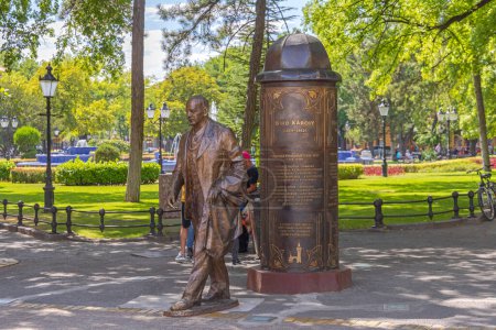 Photo for Subotica, Serbia - August 01, 2022: Memorial Column and Bronze Statue of Karolj Biro Mayor Historic Landmark at City Square. - Royalty Free Image