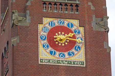 Photo for Amsterdam, Netherlands - May 18, 2018: Clock Tower at Beurs van Berlage Building in Capital City Centre. - Royalty Free Image