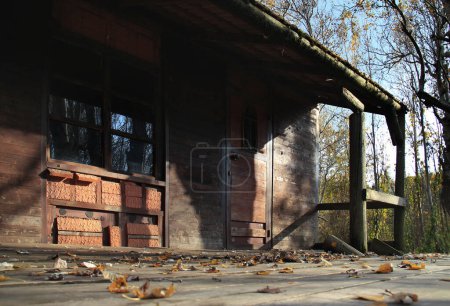 Téléchargez les photos : Une cabane en bois abandonnée avec des feuilles jaunes tombées sur le porche. - en image libre de droit