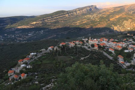 An aerial view of the village of Douma, shaped like a scorpion, in  the mountains of Batroun, Lebanon.