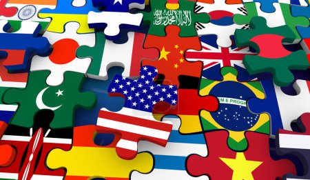 Países Banderas de las naciones Puzzle Piezas encajan juntos Ilustración 3d