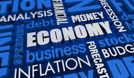 Téléchargez les photos : Economy News Word Collage Finance Stock Market Analysis 3d Illustration - en image libre de droit