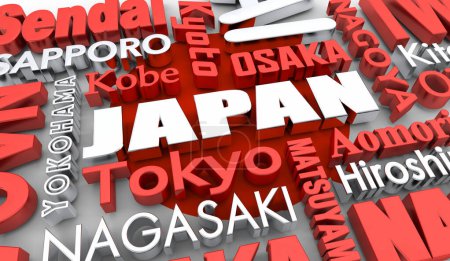 Photo for Japan Country Nation Flag Hinomaru Cities Words Background 3d Illustration - Royalty Free Image
