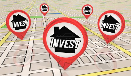 Invest Home Map Standorte Häuser Immobilien Investitionen Einkommen 3D Illustration