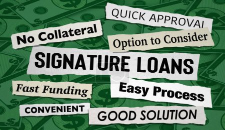 Photo for Signature Loans Headlines Financial Borrow Money No Collateral Fast Funds 3d Illustration - Royalty Free Image