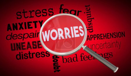 Téléchargez les photos : Inquiétudes Verre grossissant stress anxiété Conern Doubt Words Illustration 3d - en image libre de droit