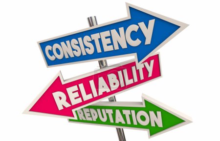 Consistencia Confiabilidad Reputación Flecha Signos Calidad Servicio de confianza Producto Ilustración 3d