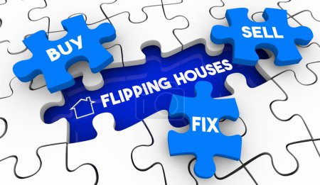 Téléchargez les photos : Flipping Maisons Puzzle Pièces Acheter Fix Vendre Maisons Illustration 3d - en image libre de droit