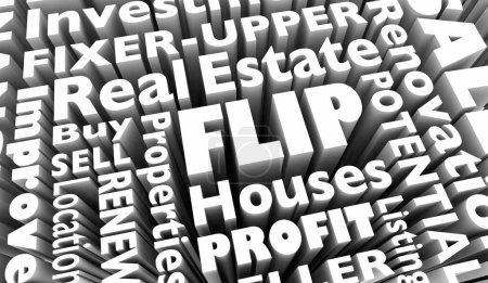 Téléchargez les photos : Flip Maisons Acheter Fix Vendre Maisons Immobilier Faire de l'argent Profit Mots Illustration 3d - en image libre de droit