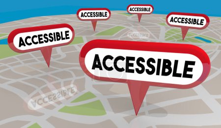 Emplacements accessibles Broches de carte Meilleurs endroits Accessibilité en fauteuil roulant Illustration 3D