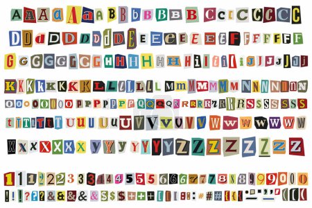 Cut out ransom vector letters alphabet. Blackmail or Ransom Kidnapper Anonymous Note Font. Latin Letters, Numbers and punctuation symbols. Criminal ransom letters. Compose your own