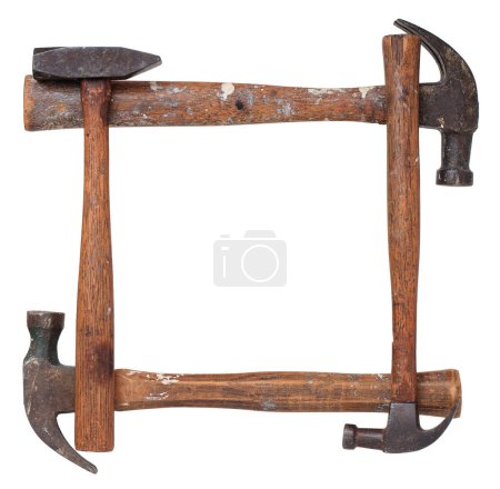 Photo for A frame or border made of four old, worn, and paint spattered hammers. Isolated on white with clipping path. - Royalty Free Image