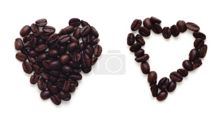 Photo for Dark roasted coffee beans arranged in the shape of one small solid heart and one outlined heart. Viewed from above, isolated on white with Drop Shadow - Royalty Free Image