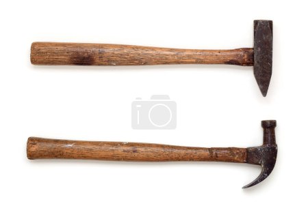 Photo for Two small old, rusted and worn hammers with wooden handles. Isolated on white with drop shadow - Royalty Free Image