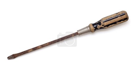 Photo for An old and very large rusted and pitted flat head screwdriver with a worn wooden handle partially covered with chipped black paint. Viewed from above, isolated on white with drop shadow - Royalty Free Image