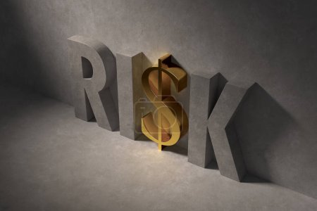 Photo for An illustration of a spotlight revealing the word "RISK" in concrete against a concrete wall. A gold $ sign takes the place of the letter "I" - Royalty Free Image