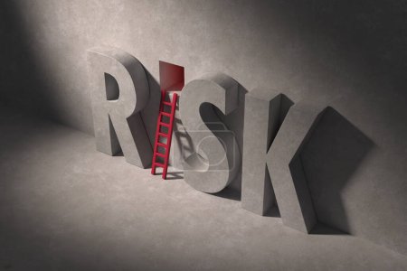 Photo for An illustration of the word "RISK" formed from concrete against a concrete wall. A red ladder leading to an opening in the wall takes the place of the letter "I" - Royalty Free Image