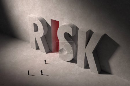 Photo for An illustration of a few tiny silhouetted figures standing before a monumental word "RISK" in raised concrete against a concrete wall. A glowing red doorway leading inside takes the place of the letter "I". - Royalty Free Image