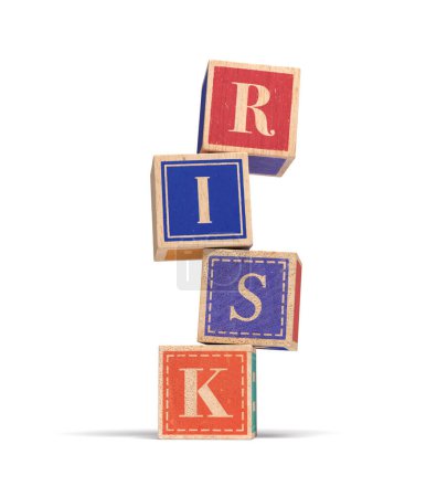 A realistic illustration of a wobbly stack of wooden building blocks that spell 'RISK'. Isolated on white with Drop Shadow.