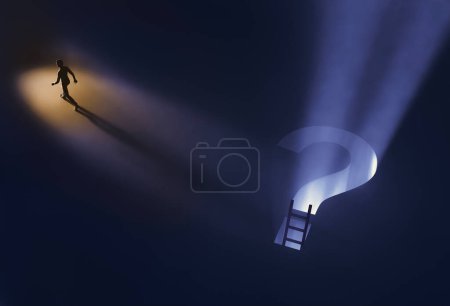 Photo for An illustration of a silhouetted figure that has climbed out of a glowing question shaped hole in the floor of a dark room and is moving confidently towards a spotlit area. - Royalty Free Image