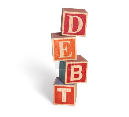 A realistic illustration of a wobbly stack of wooden building blocks that spell 'DEBT'. Isolated on white with Drop Shadow