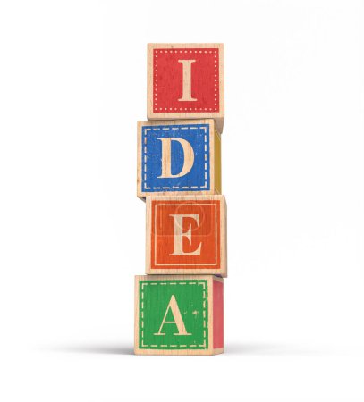 Photo for A realistic illustration of a stack of wooden building blocks viewed from a low angle that spell 'IDEA'. Isolated on white with Drop Shadow - Royalty Free Image