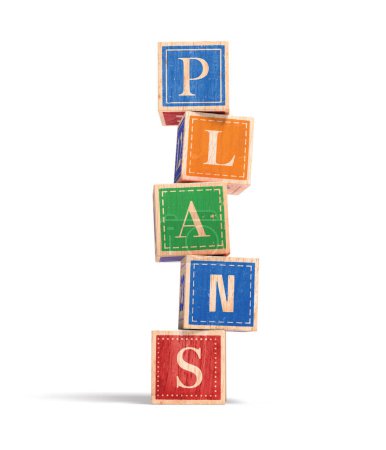 A realistic illustration of a colorful, wobbly stack of wooden building blocks that spell 'PLANS'. Isolated on white with Drop Shadow.
