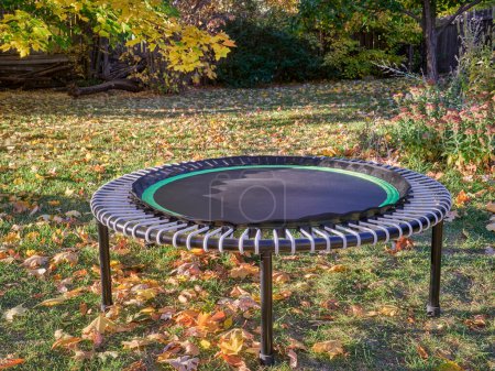 Photo for Mini trampoline for fitness exercising and rebounding in a backyard, fall scenery - Royalty Free Image