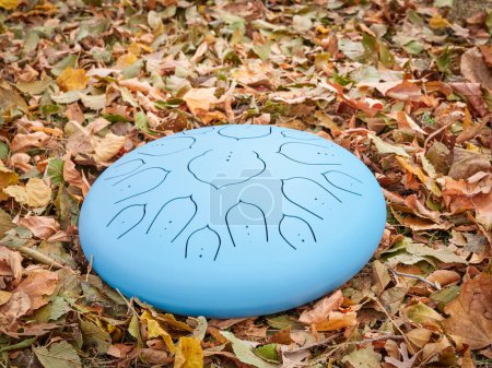 Photo for Blue steel tongue drum on a grass covered by dry leaves, percussion instrument often used for meditation and sound therapy - Royalty Free Image