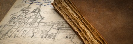 Photo for Detail from a 1970s vintage travel journal with handwriting and pencil sketches (property release attached) and a retro leather-bound diary, panoramic banner - Royalty Free Image