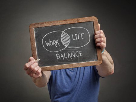 Photo for Work and life balance concept - a white chalk sketch on a blackboard held by a person, lifestyle and career - Royalty Free Image