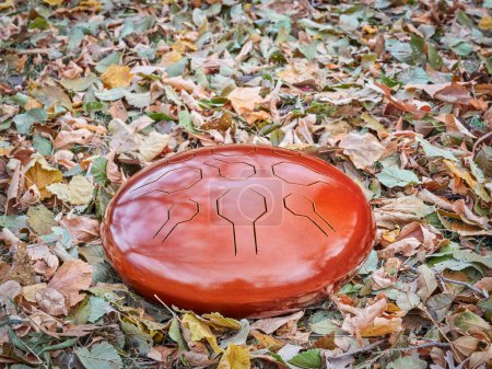 Téléchargez les photos : Tambour de langue en acier rouge sur un sol recouvert de feuilles sèches, instrument à percussion souvent utilisé pour la méditation et la thérapie sonore - en image libre de droit