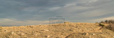 Foto de Puesta de sol sobre una sola bicicleta de pista y sendero de senderismo en las estribaciones de Colorado, Soapstone Prairie Natural Área cerca de Fort Collins en el paisaje de otoño, bandera panorámica - Imagen libre de derechos